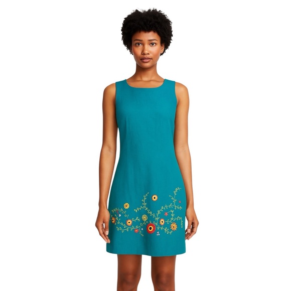 John Roberts Teal Sleeveless Floral Embroidered Mini Dress - Picture 1 of 15